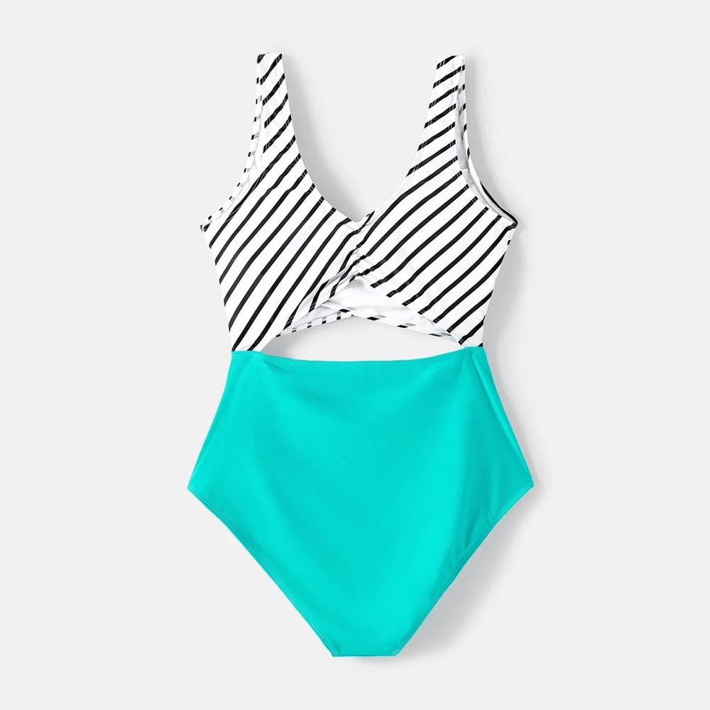 Pat Pat Women’s Striped Black/White Top with Teal Bottom Swimsuit One Piece Sz M - Picture 2 of 6